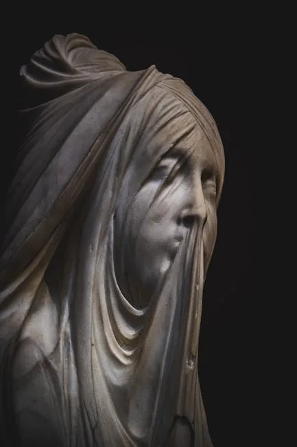 Marble veiled female statue with delicate drapery in Naples