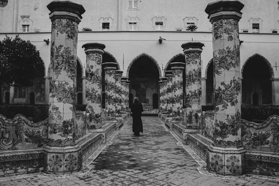 Santa Chiara cloister with colorful majolica tiles and benches