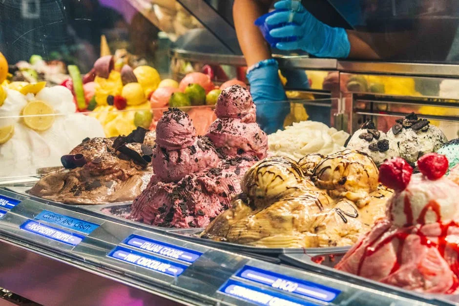 Bacs de gelato colorés avec serveur ganté derrière le comptoir