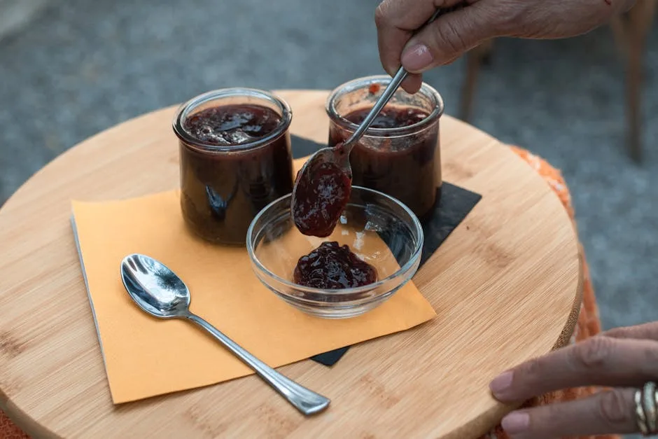 Cuillère déposant confiture artisanale dans un ramequin, dégustation à San Gimignano