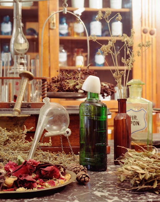 Historic apothecary display in San Gimignano with bottles and dried herbs
