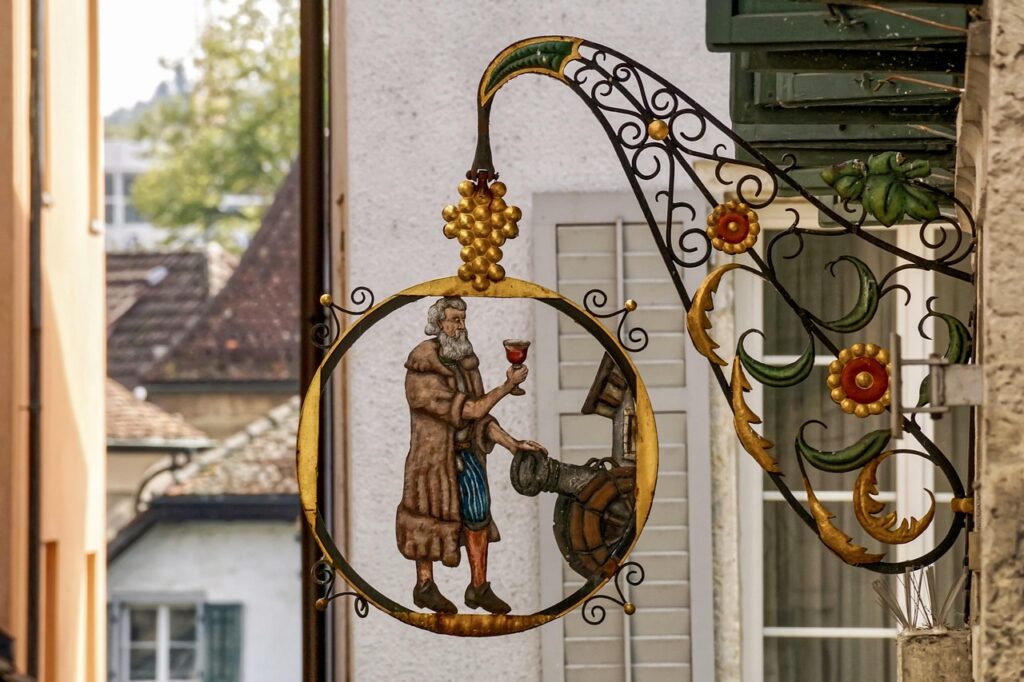 Historic shopfront in Via San Matteo selling Vernaccia wine