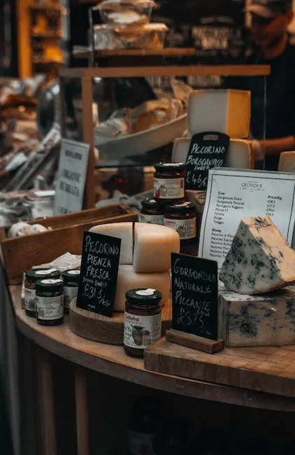 Comptoir de fromages avec pecorino et gorgonzola, étiquettes visibles