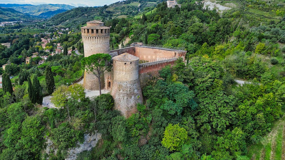 Overgrown Rocca di Montestaffoli ruins on the hilltop