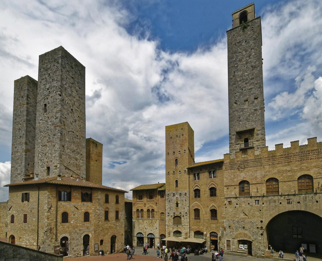 Overhead map view of San Gimignano medieval town center with towers