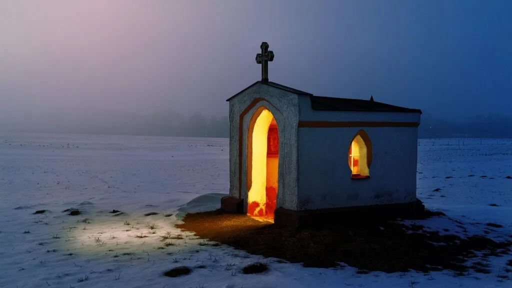 Kleine verlichte kapel op besneeuwd veld bij schemering