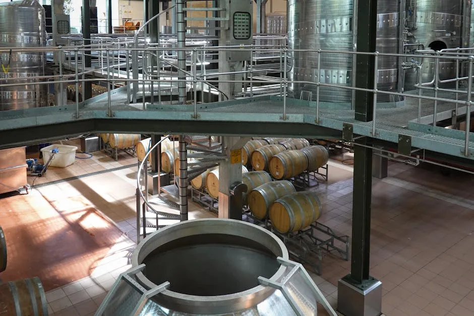 Cuverie moderne et barriques dans une cave viticole de San Gimignano.