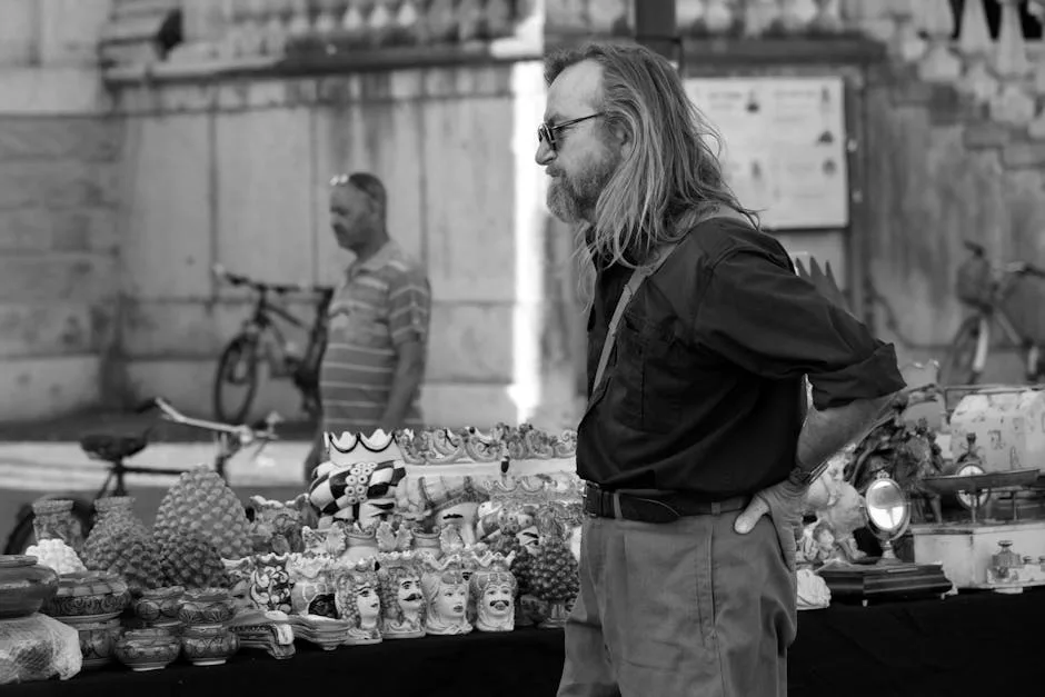 Marktkraam in San Gimignano met man naast keramiek en souvenirs
