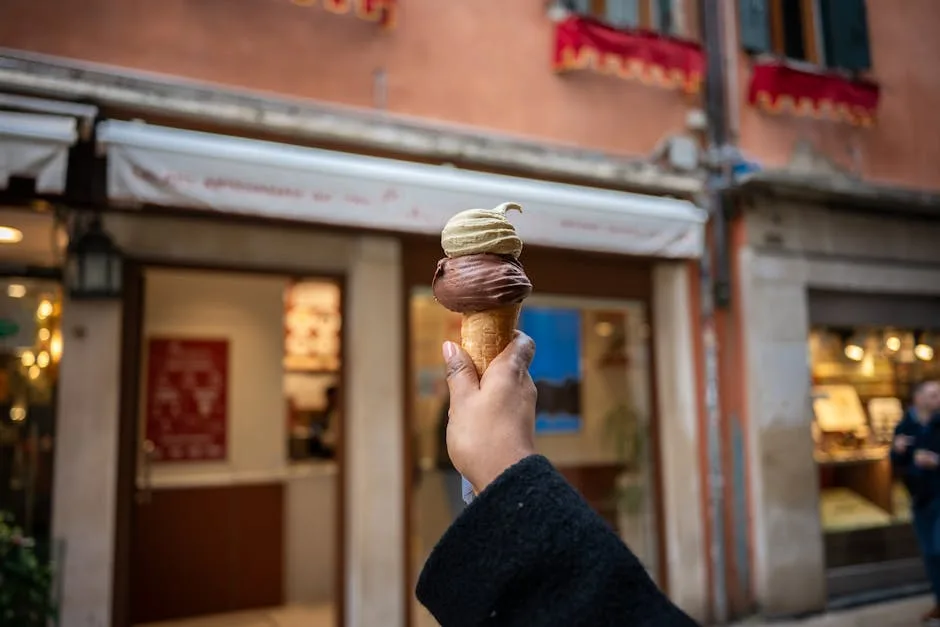 Hand holding chocolate and pistachio gelato on San Gimignano street