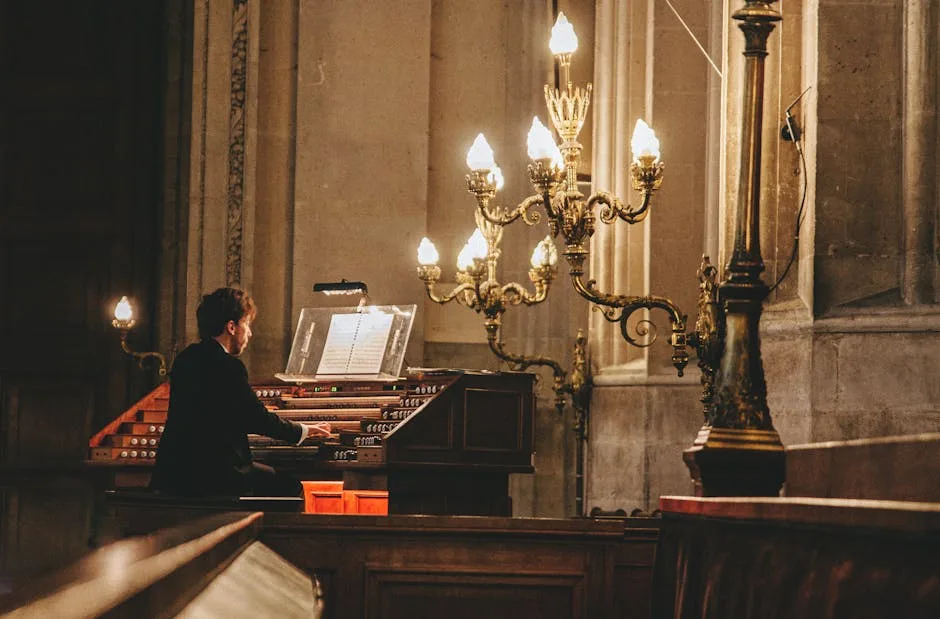 Organist playing console beside brass candelabra in Lucca church