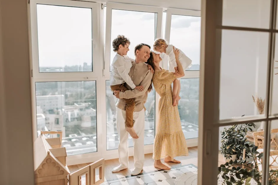 Family of four smiling in a sunlit Lucca apartment with tall windows