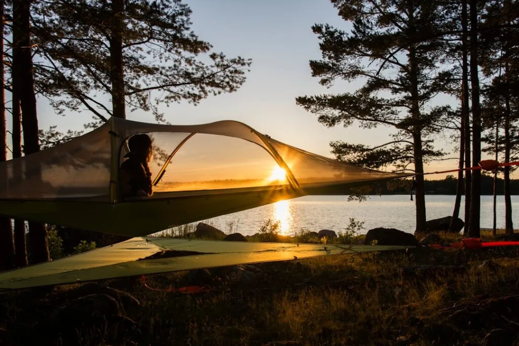 Suspended tree tent overlooking a lake at golden sunset among pines