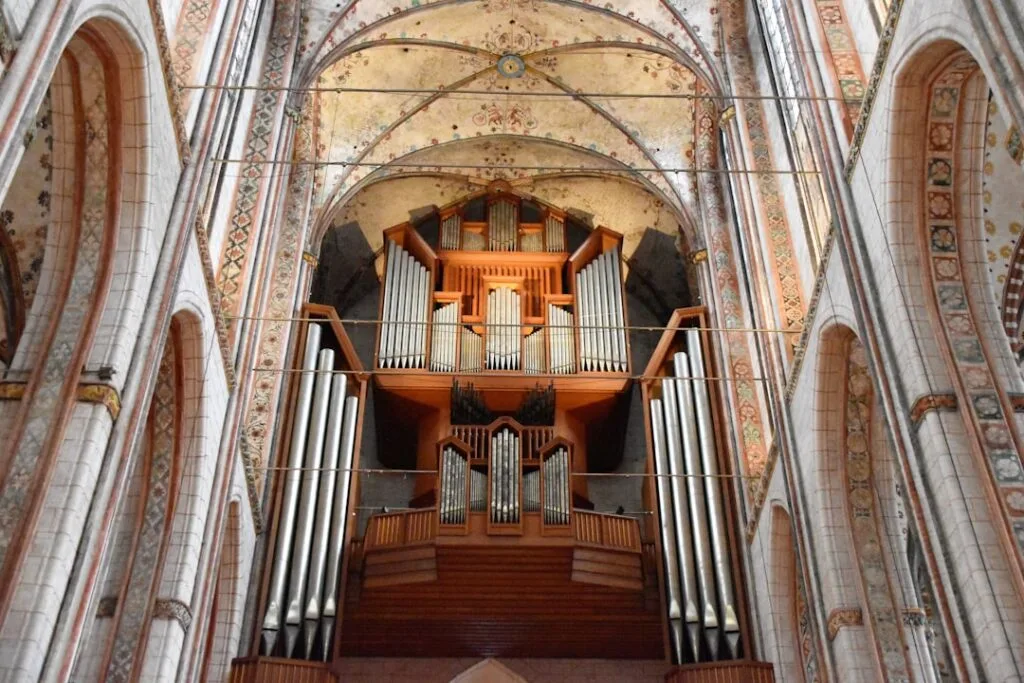 Pipe organ installed high in Lucca church nave with decorated ceiling