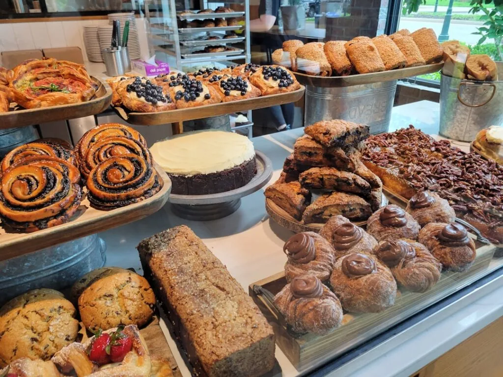Lucca bakery display with assorted pastries, cakes and breads