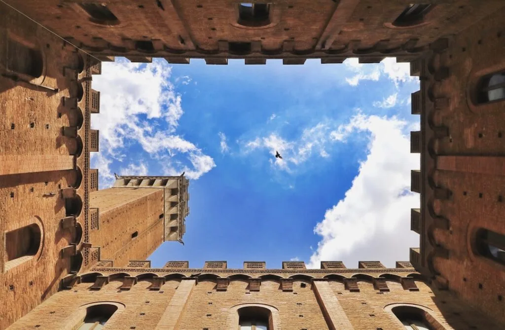 Aerial view of Siena's fan-shaped Piazza del Campo