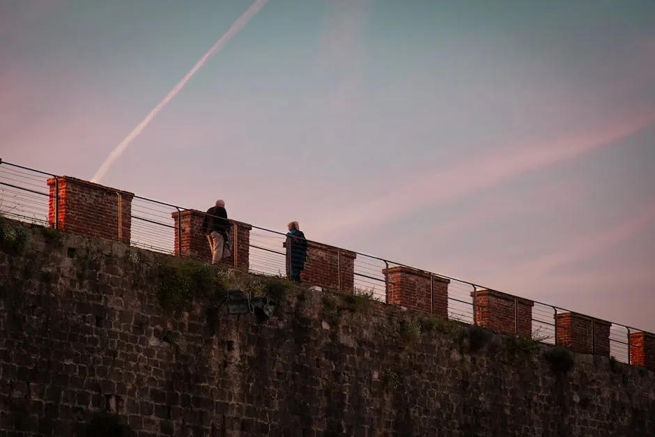 Panoramic view of Lucca city walls at sunset