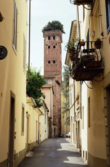 Narrow Lucca street leading to Torre Guinigi with rooftop trees