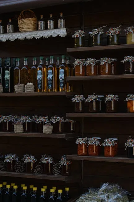 Shelves of olive oil bottles and homemade preserves in Lucca shop
