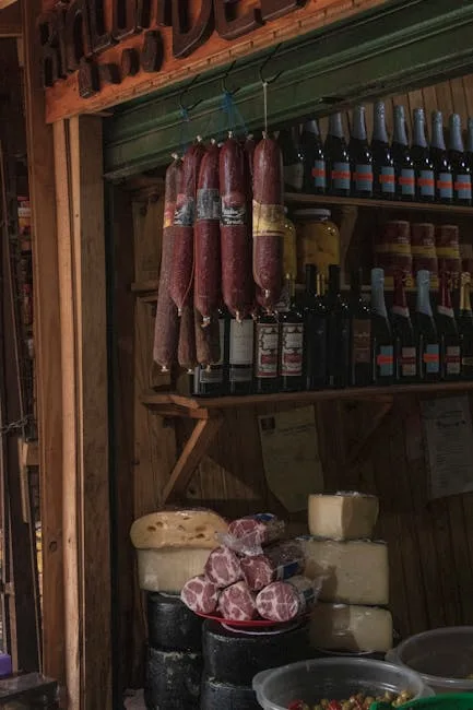 Salumi and cheese display in Lucca delicatessen with hanging sausages