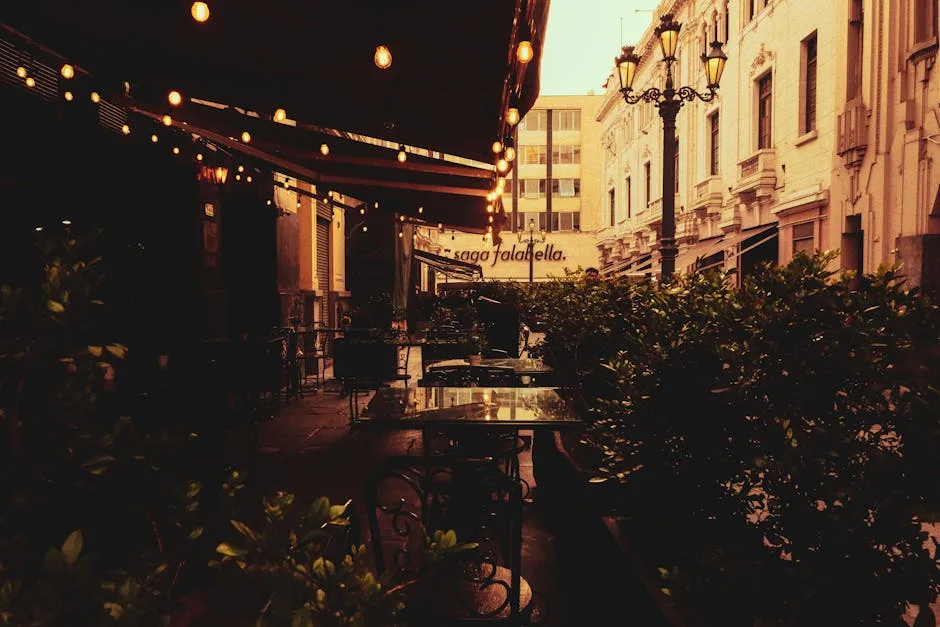 Lucca street café terrace with evening lights