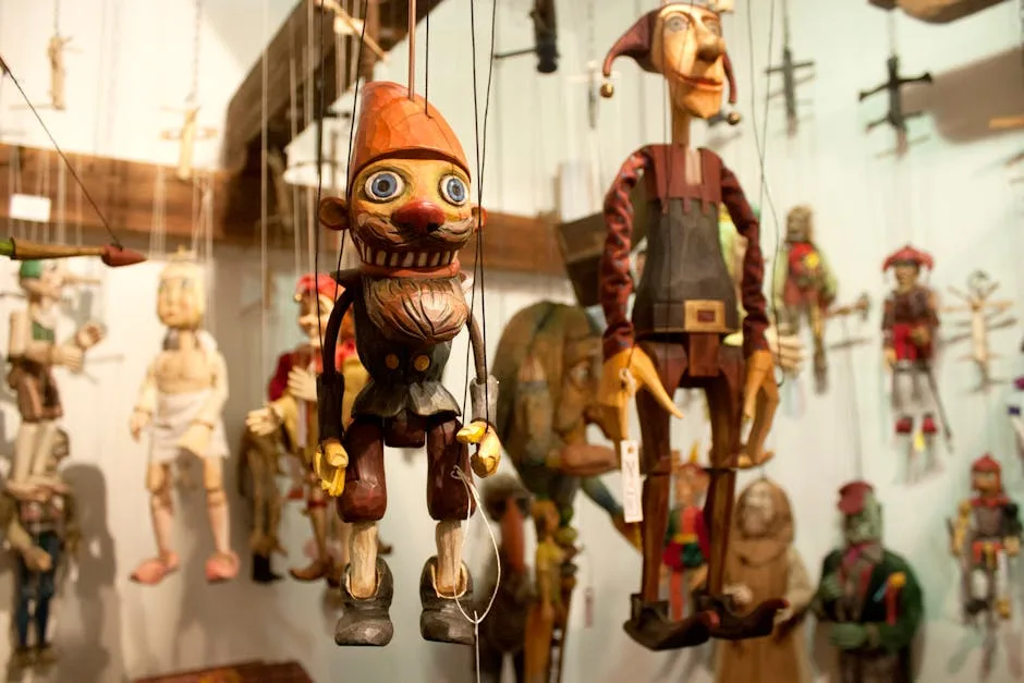 Marionnettes en bois suspendues dans un atelier de marionnettes à Lucques