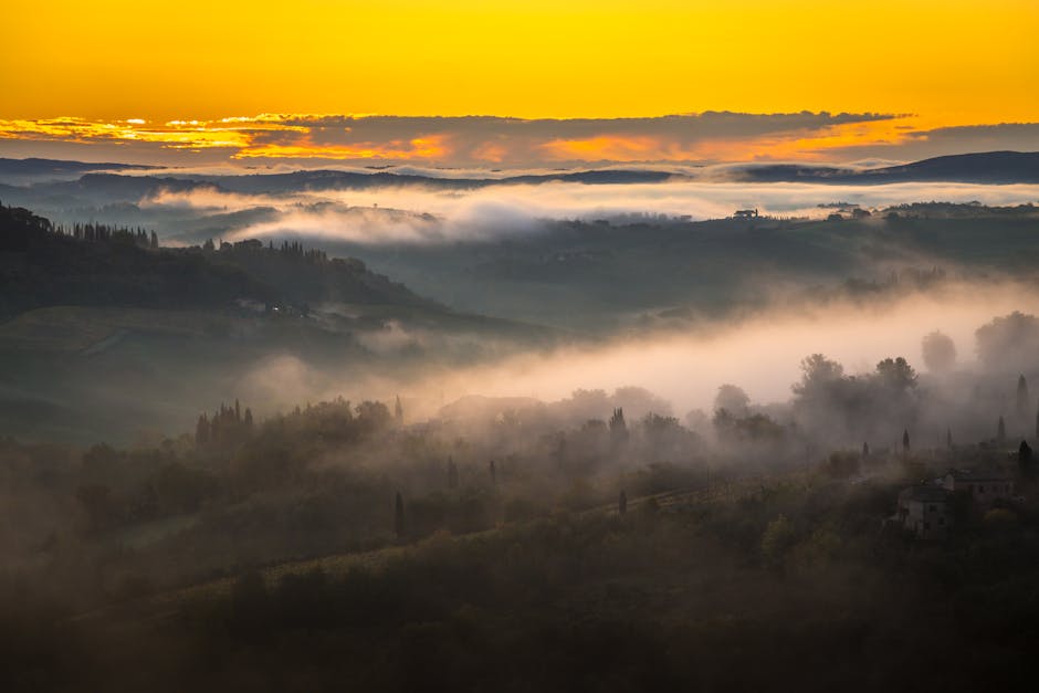 Colline toscane avvolte dalla nebbia all'alba con cipressi lontani