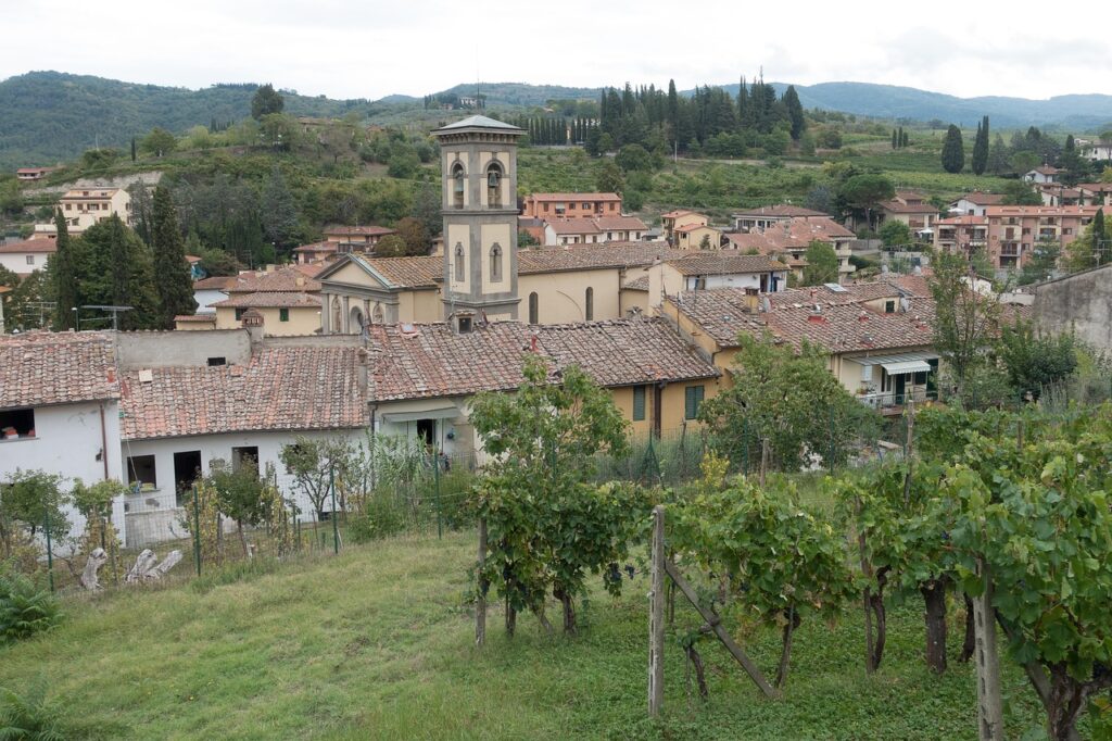 Vineyard rows in foreground with tiled roofs and church tower in Tuscany