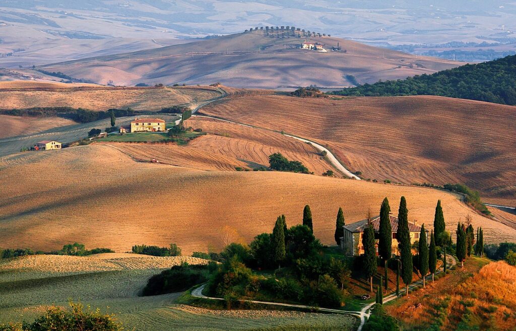 Cypress road near Pienza with rolling Val d'Orcia hills