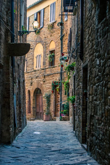 Vicolo stretto lastricato con piante e balconi in Toscana