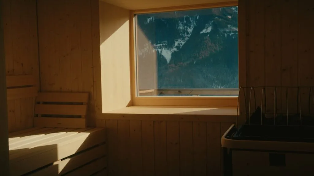 Sauna en bois avec fenêtre donnant sur les sommets des Dolomites