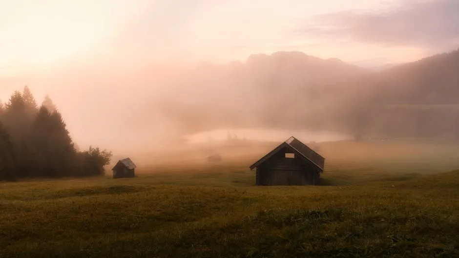 Prairie brumeuse au lever du soleil avec chalets isolés dans les Dolomites.