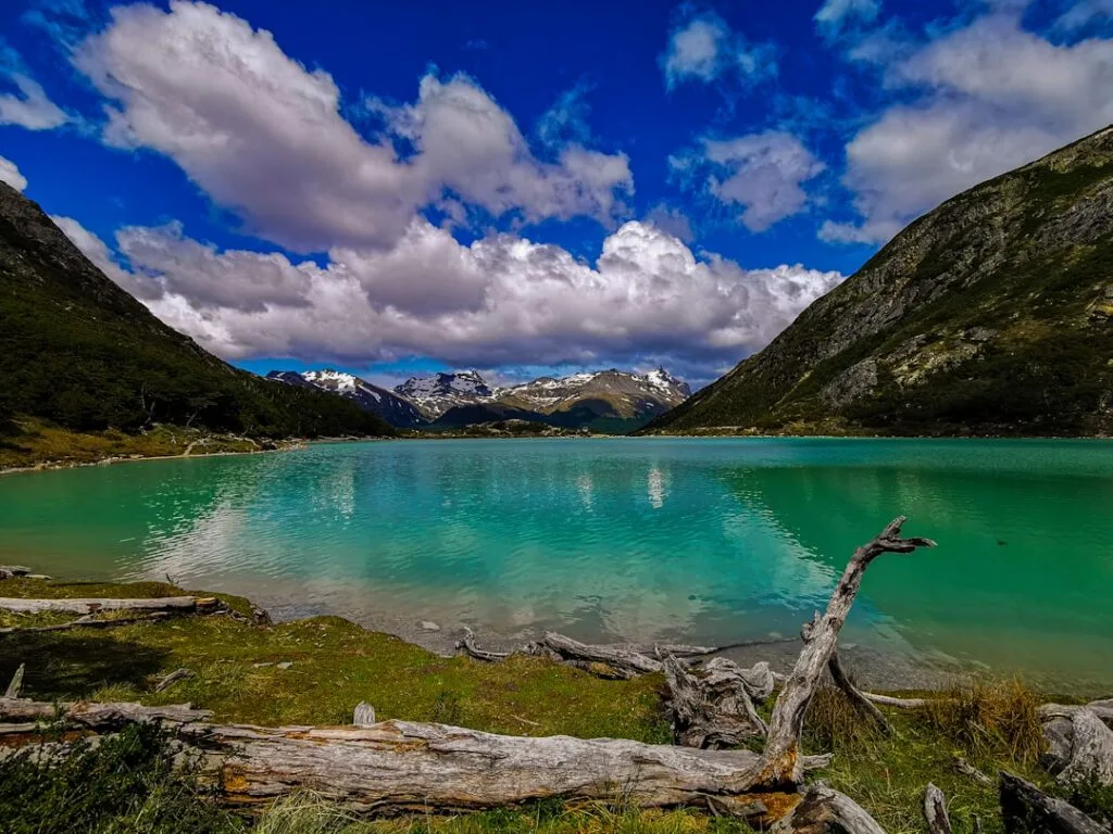 Lac turquoise entouré de montagnes enneigées et troncs, Dolomites