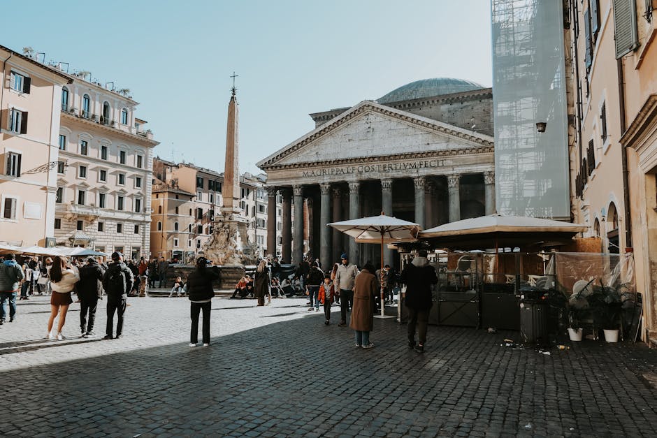 pantheon evening cobblestone square warm streetlights