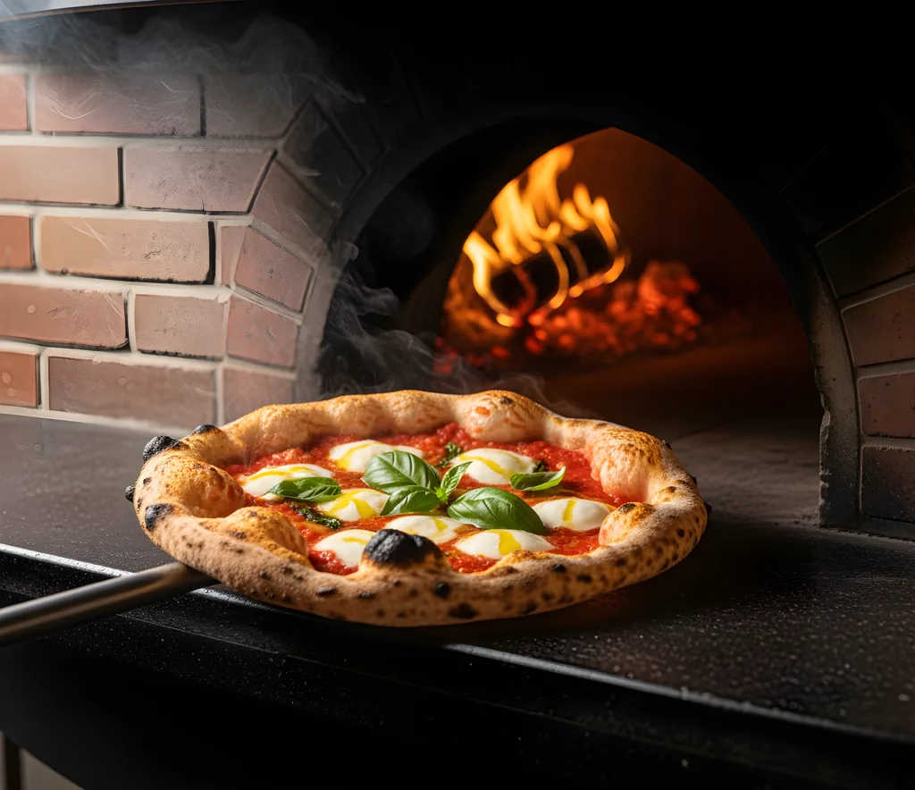 pizza Margherita sortant du four à bois, basilic frais