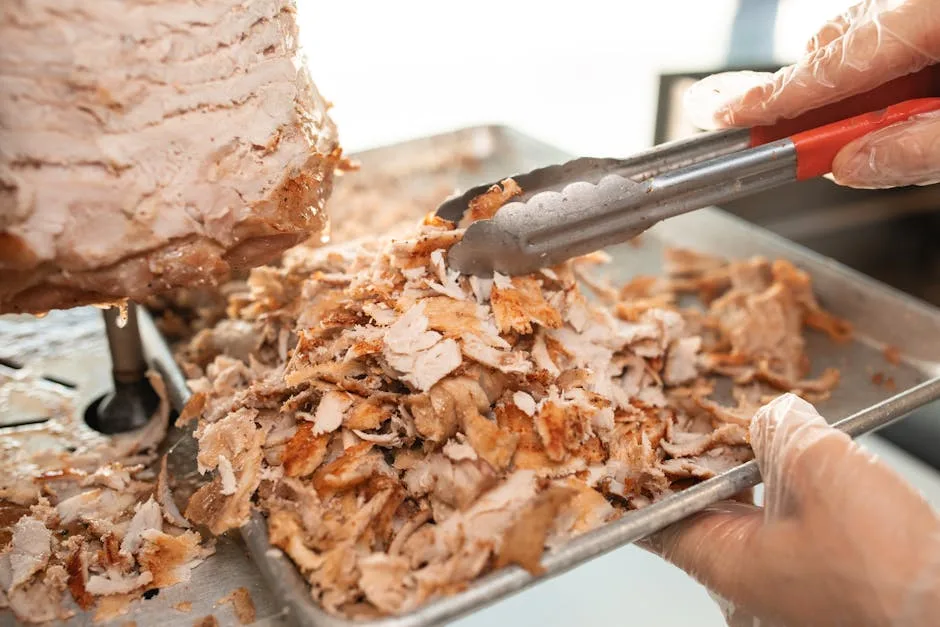 Main gantée saisissant de la porchetta effilochée dans une boutique romaine