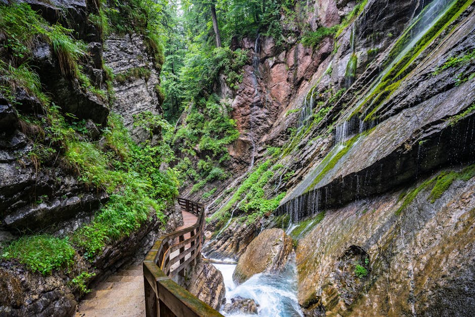 Tivoli gorge with waterfall and moss-covered stone walkway