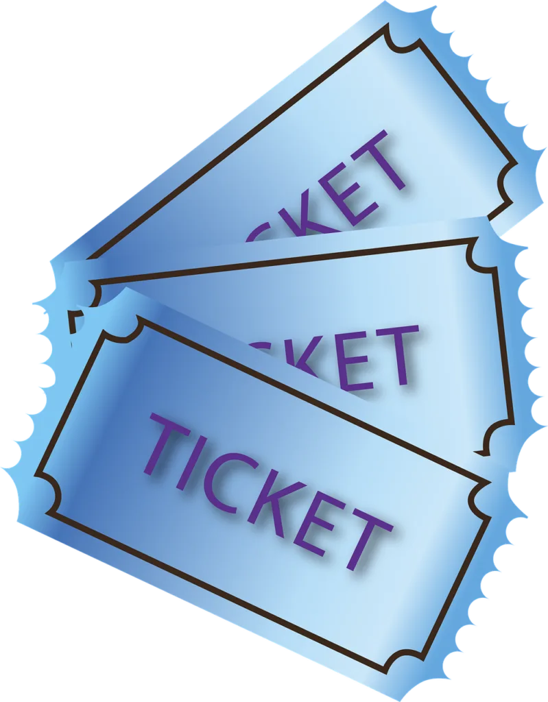 Trois billets bleus stylisés empilés avec inscription 'TICKET' violet