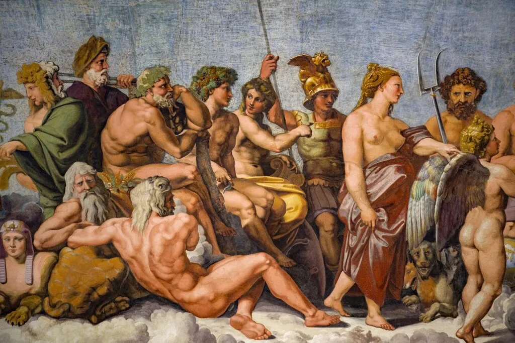 Détail de fresque montrant dieux et figures mythologiques dans un musée romain.