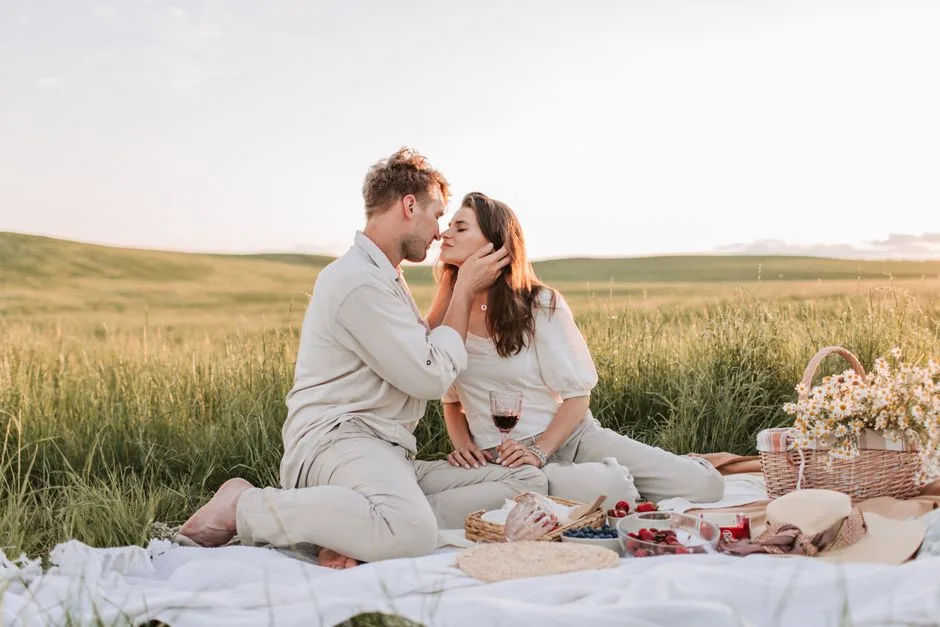 Couple picnic with wine and local cheese on a square