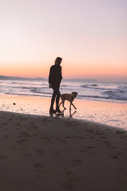 Dog and owner walking at sunset on a Salento beach