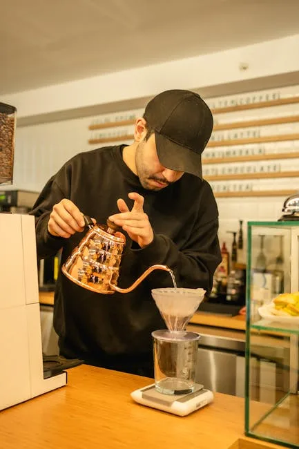 Pour-over brewing at a specialty coffee shop