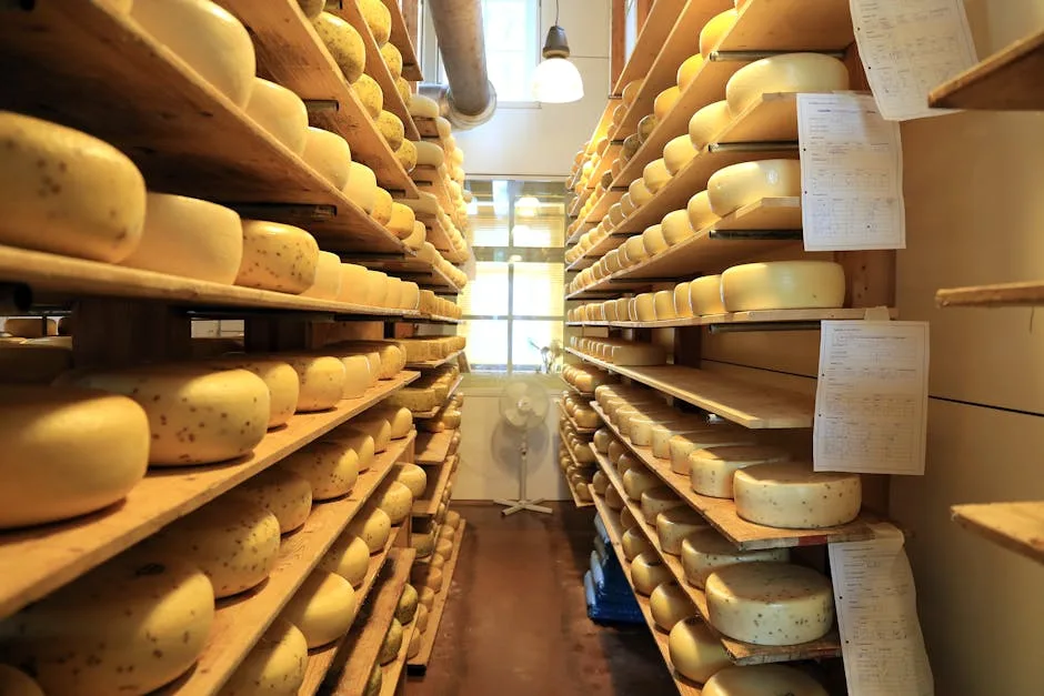 Salle d'affinage remplie de meules de fromage sur étagères, Turin