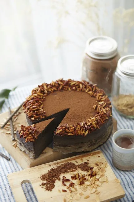Gâteau au chocolat décoré d'amandes effilées et tranche coupée