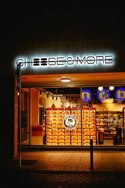 Façade nocturne d'une fromagerie moderne à enseigne néon, Turin