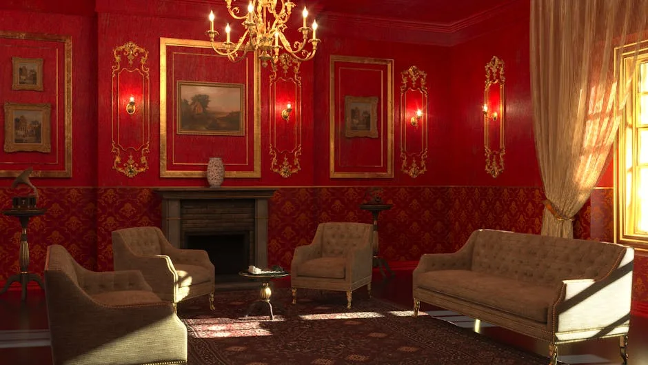 Salon richement décoré aux murs rouges avec chandelier et fauteuils