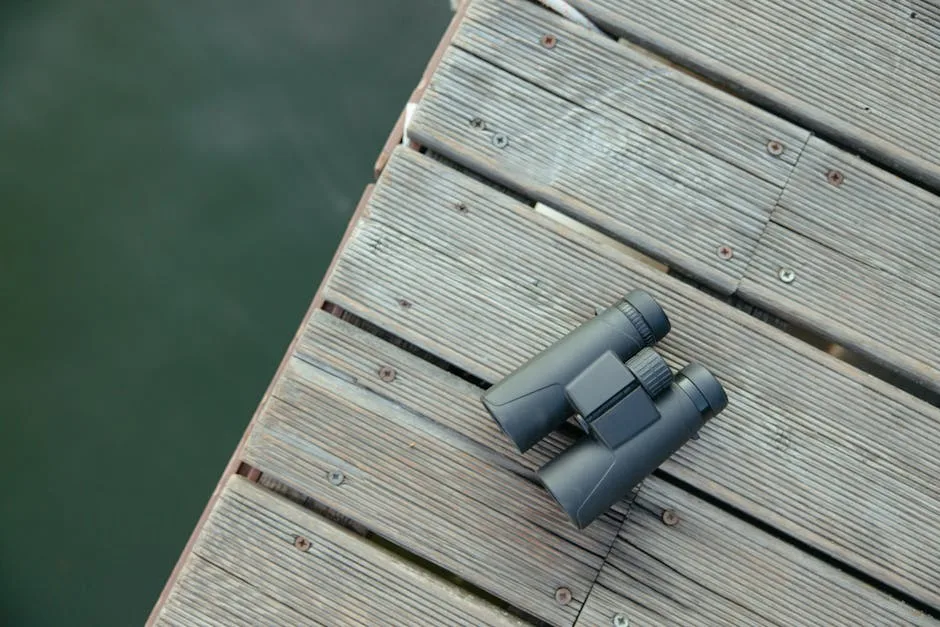 Jumelles posées sur un ponton, observation d'oiseaux le long du Po à Turin
