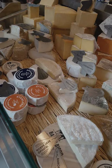 Sélection de fromages affinés avec étiquettes sur une natte en osier