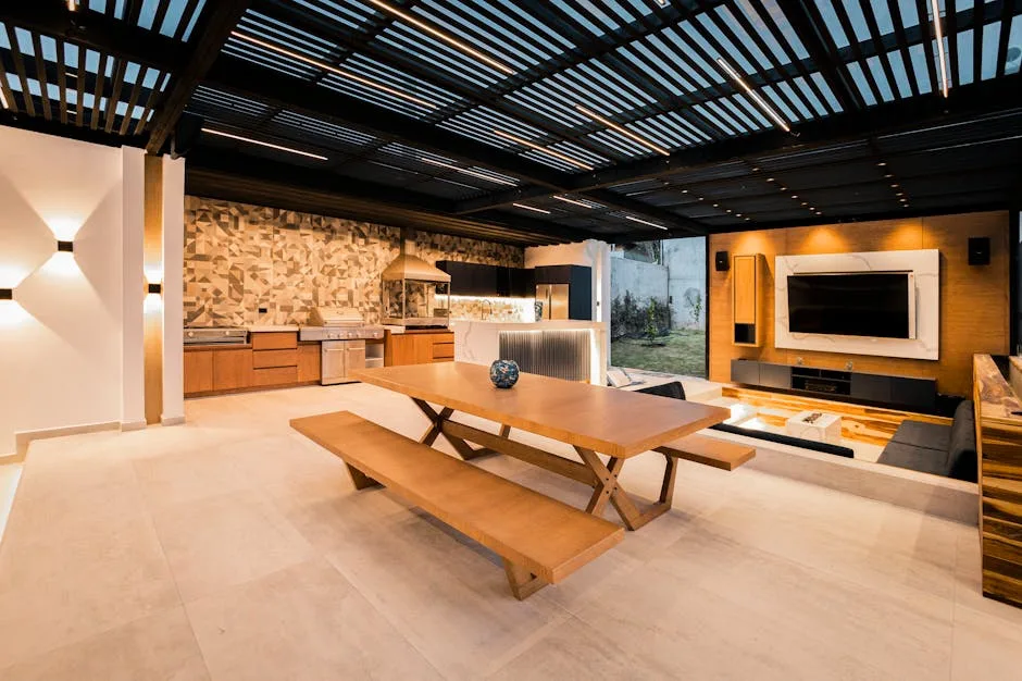 Cuisine-salon moderne ouvert avec grande table en bois et banc