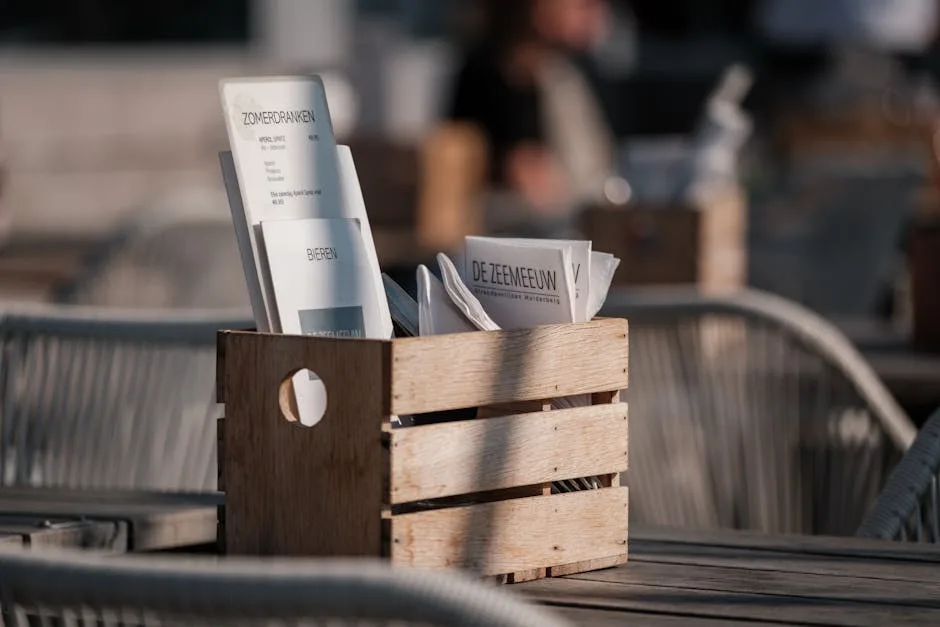 Caisse en bois contenant menus et serviettes sur terrasse de café