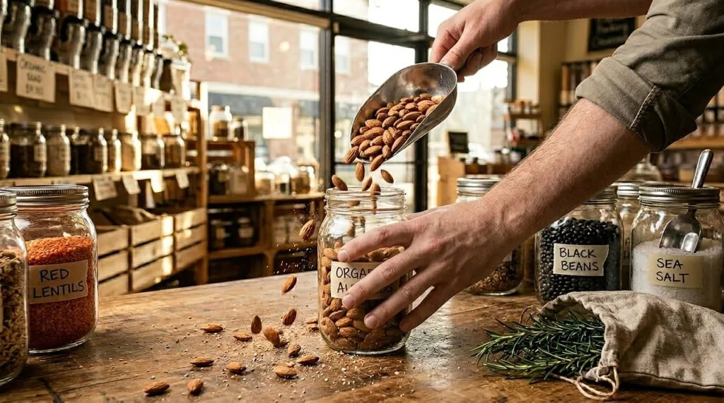 Employé versant des amandes dans un bocal vrac d'épicerie locale à Turin